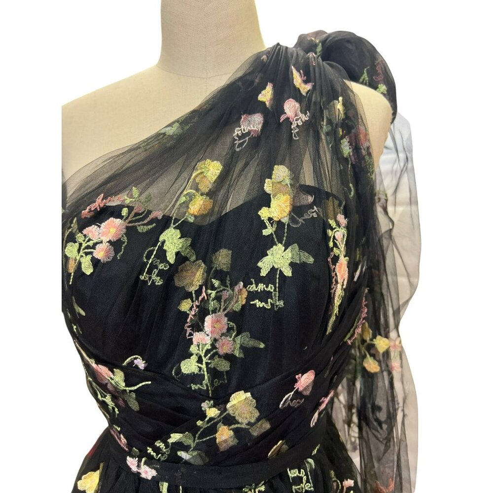 Darling Custom Made Tailored Handmade One-Shoulder Black Floral Embroidered Dres - Picture 6 of 14